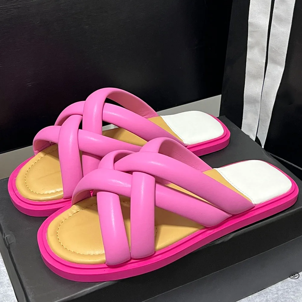 Top Quality 2023 Summer Women's Casual Open Toe Padded Genuine Leather Slides Leisure Flat Shoes Outside Slippers Summer Sandal