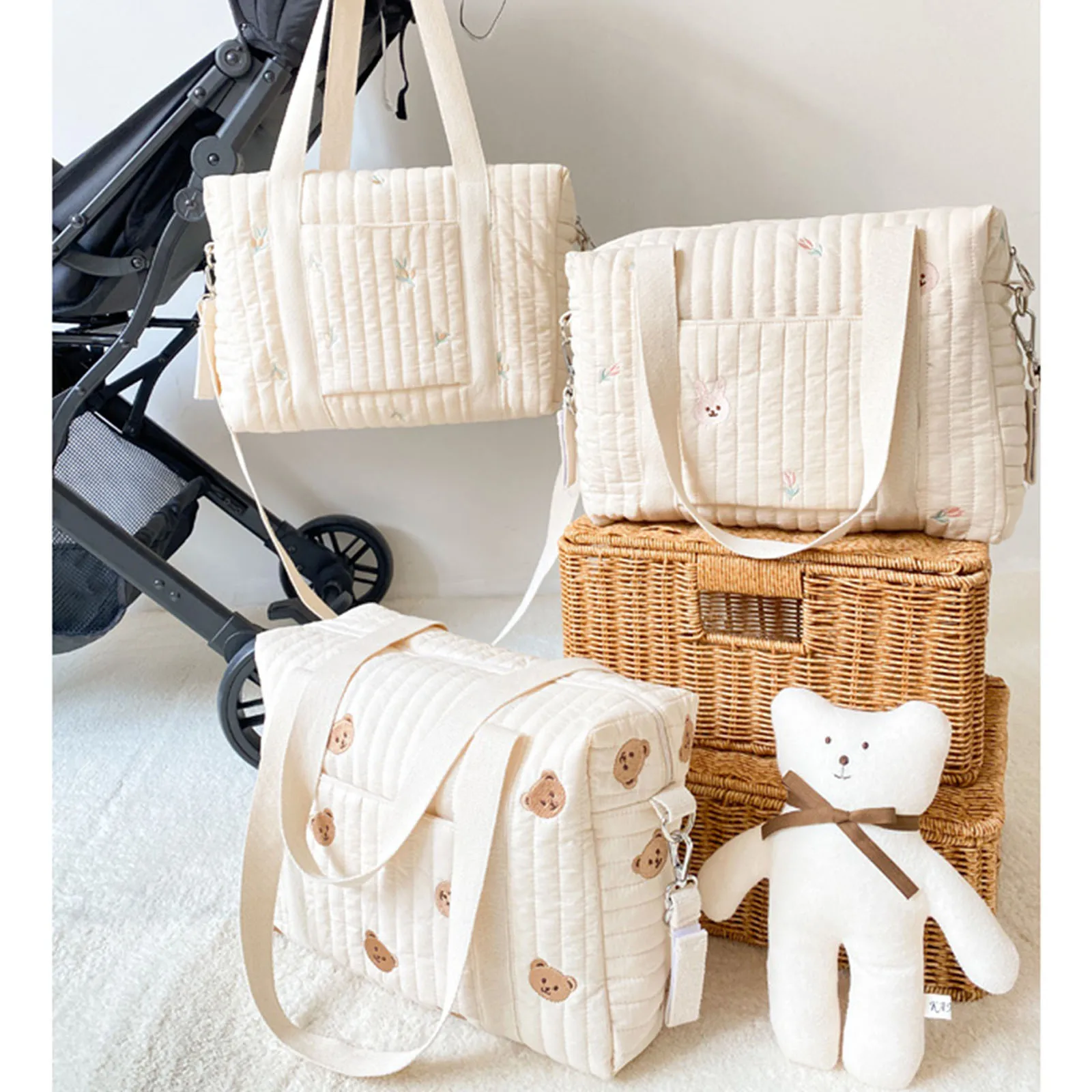 Embroidery Baby Bottle Bag on Stroller Soft Cotton Bucket Bag Bear Rabbits Olive Pattern Beige Lunch Box Bottle Tote Bag
