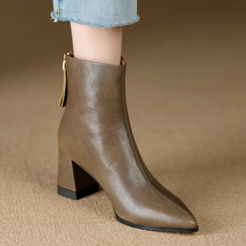 Ботильоны женские из воловьей кожи теплые полусапожки на толстом высоком