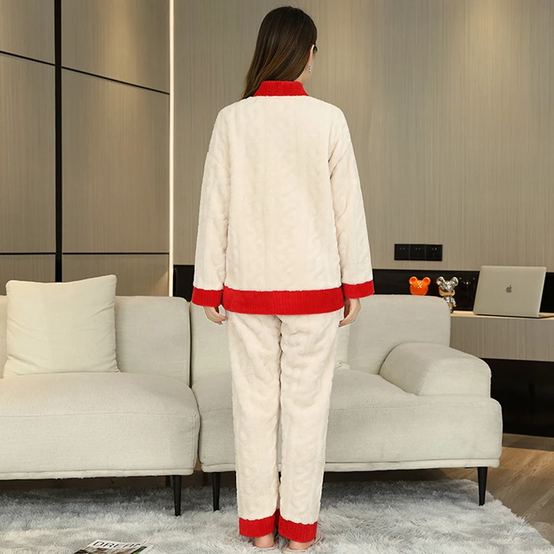Winter Warm Flannel Women's Pajama Sets Thick Sleepwear Coral Fleece Sleep Lounge 2 Pieces Home Suit Female Pijamas Nightwear