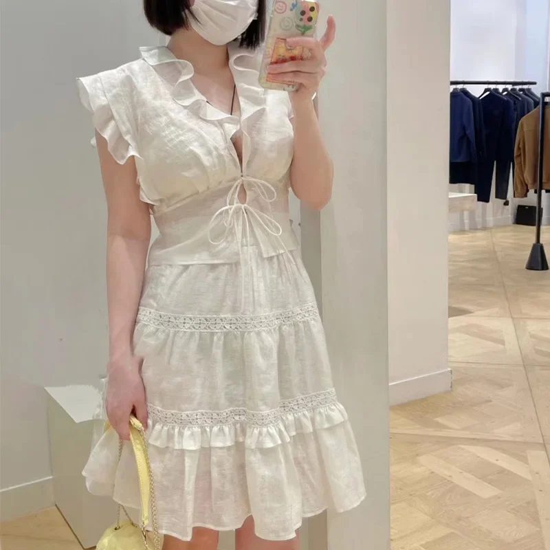 

2023 Summer New Women Linen Ruffled Edge Lace-up Sleeveless Top / A-line Skirt