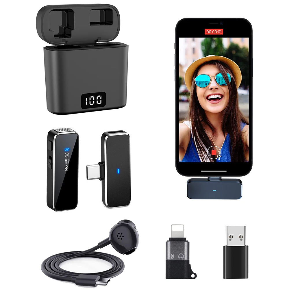 

Wireless Lavalier Microphone LCD Display with Charging Case Mini Radio Microphone Wireless Lapel Mic Noise Reduction for Live