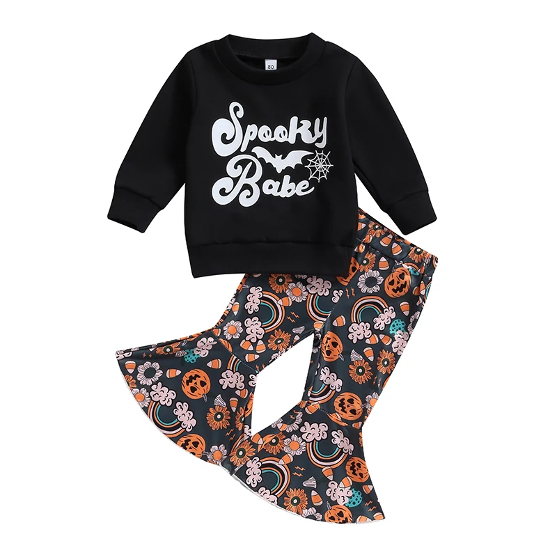

Детские брюки для девочек, комплект из толстовки с надписью и радужным принтом тыквы, расклешенные брюки, одежда для Хэллоуина