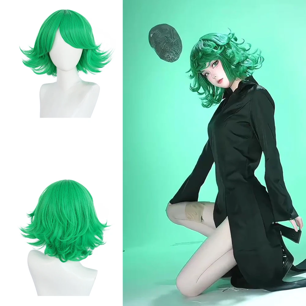 Фото Аниме One Punch Man ‌ ‌   Tatsumaki Косплей Синтетические волосы 12-дюймовый зеленый пушистый короткий вьющийся парик для повседневной вечеринки Натуральный термостойкий №1