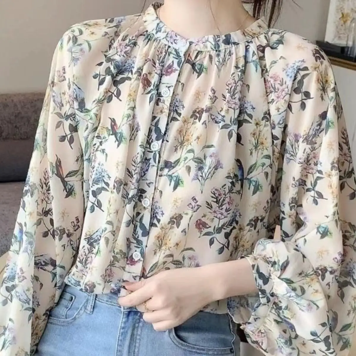 

2023 Autumn New Fashion Korean Loose Casual Print Lantern Sleeve Long Sleeve Shirt Blouse Women's Top Female Blusas