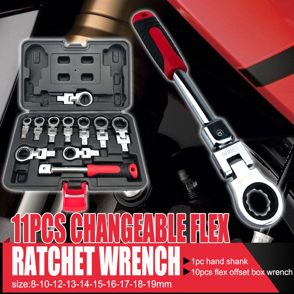 11-piece Set Ratchet Wrench Tool 180° Adjustable Removable Spanner Interchangeabl Vehicle Repair Tool Combination Box-packed Set