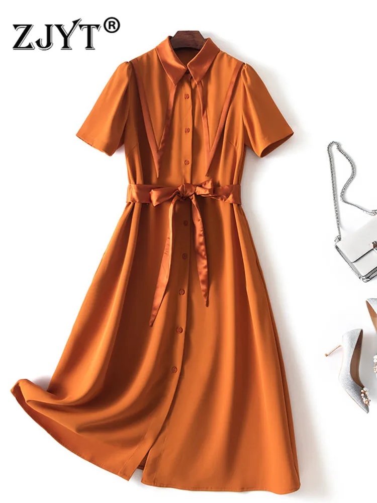 

ZJYT Summer Single Breasted Shirt Dress Women Elegant Short Sleeve Lace Up Solid Office Vestidos Loose Casual Robe Femme Black