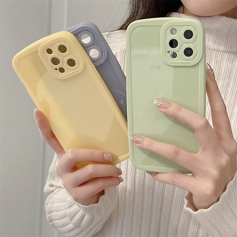 Solid Color Gloss Soft Silicone Phone Case For iPhone 13 12 11 Pro Max X XR XS 7 8Plus Little Flower Camera Protection Cover |