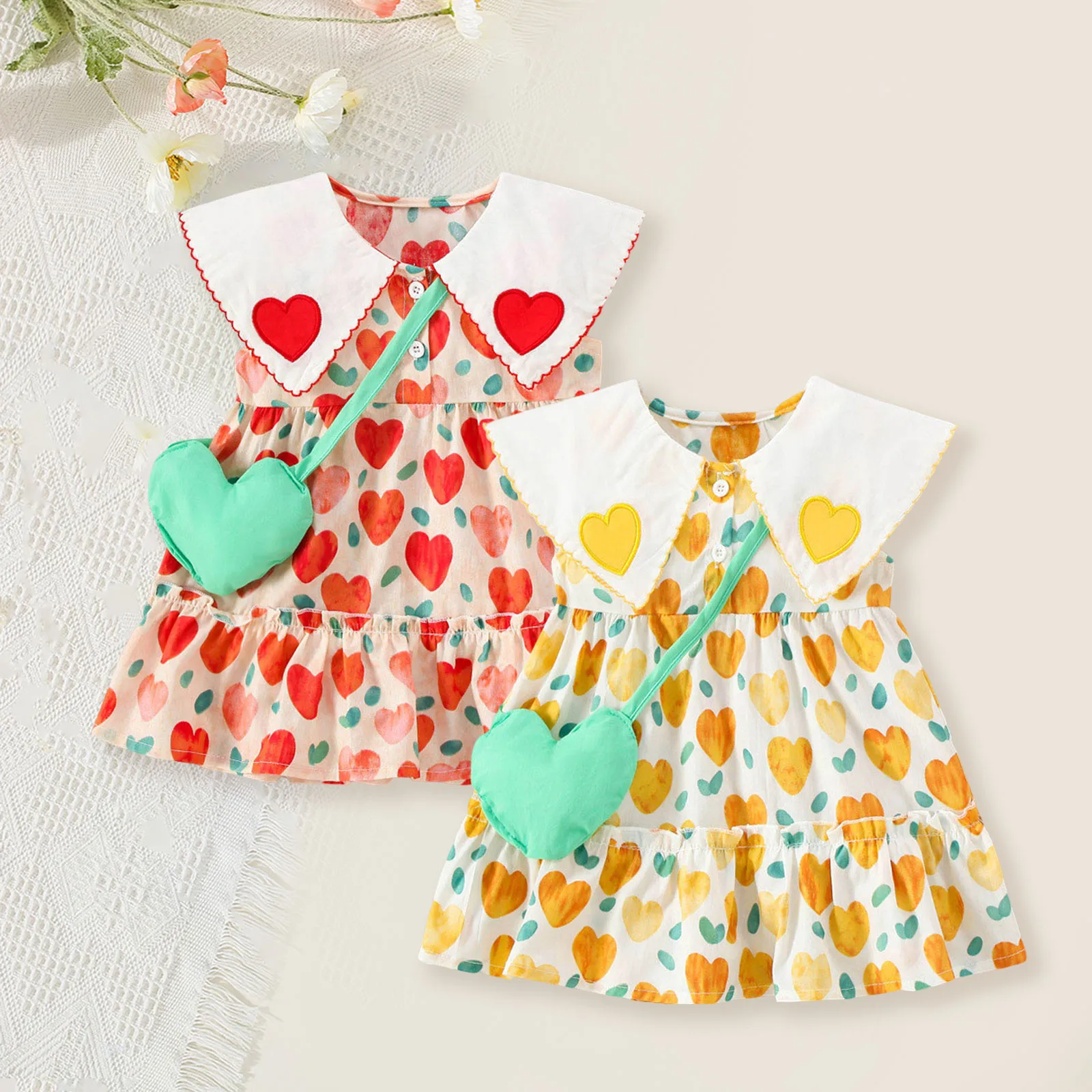 

Сарафан для маленьких девочек, детское платье-жилет без рукавов с принтом сердец и оборками, летнее пляжное праздничное платье принцессы + сумка, комплект из 2 предметов, 2023