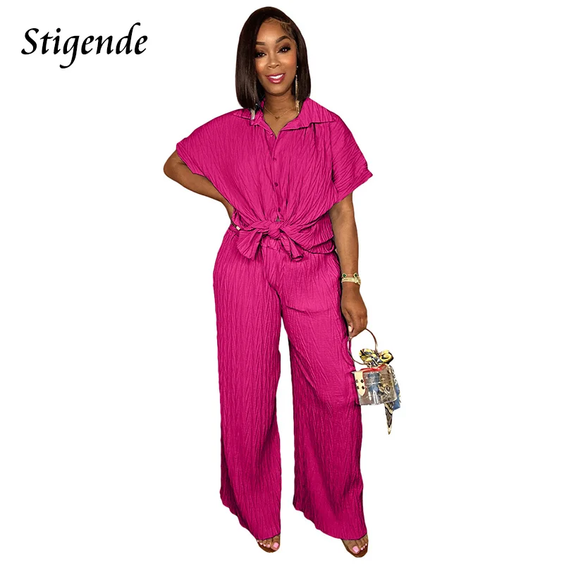 

Women Ruched Bodycon Two Piece Set Turn Down Collar Button Shirts and Wide Leg Pants Summer Loose 2 Piece Sets Outfits