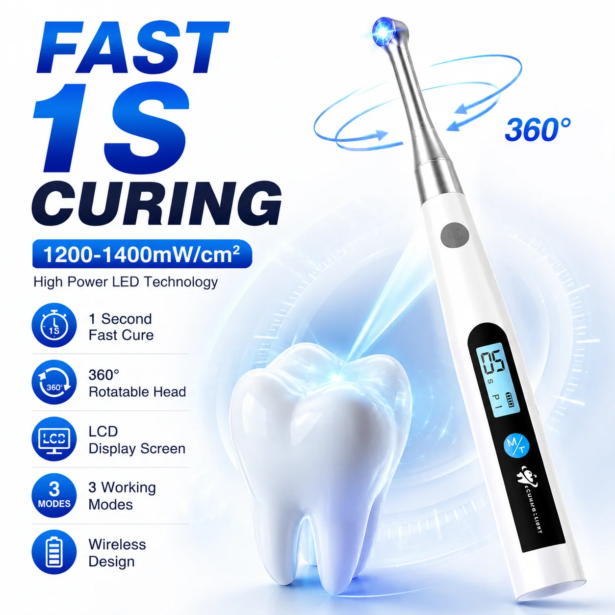 Фото Беспроводная стоматологическая LED-лампа для фотополимеризации 1S Fast Cure Lamp 360 °   Поворотная металлическая головка, 3 режима, ЖК-дисплей №1
