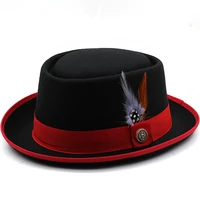 fashion women men pork pie hat dad wool flat fedora hat lady gentleman gambler panama trilby hat with fashion feather size 58cm