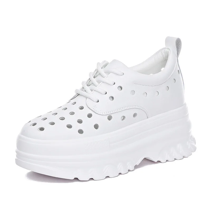 

8cm Hollow Genuine Leather Women Platform Shoes Wedge Sneakers Chunky for Summer Shoes Female Breathable Casual Shoes
