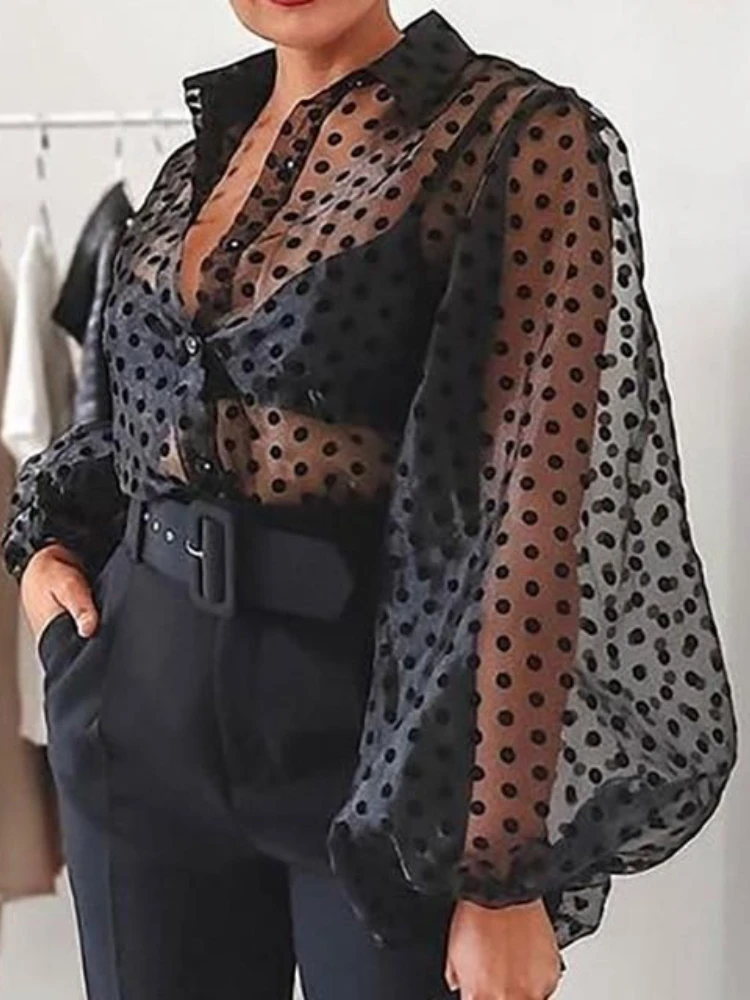 See Through Women Blouses Black Polka Dots Elegatn Single Breasted Long Lantern Sleeve Shirt Tops Big Size Party Club Shirts New