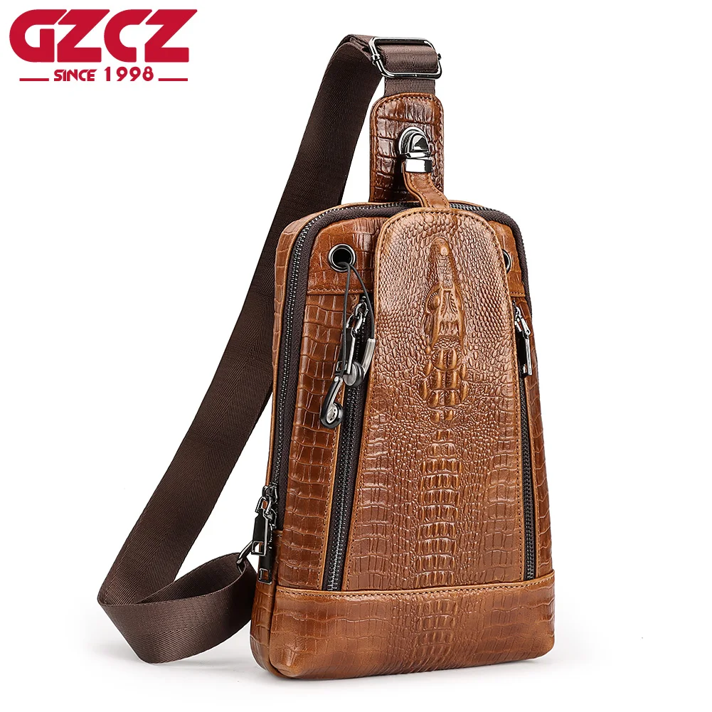 

Top Quality Men's Chest Pack Luxury Crocodile Grain Shoulder Bag Cowhide Leather Male Crossbody Bags with Zipper Phone Pocket
