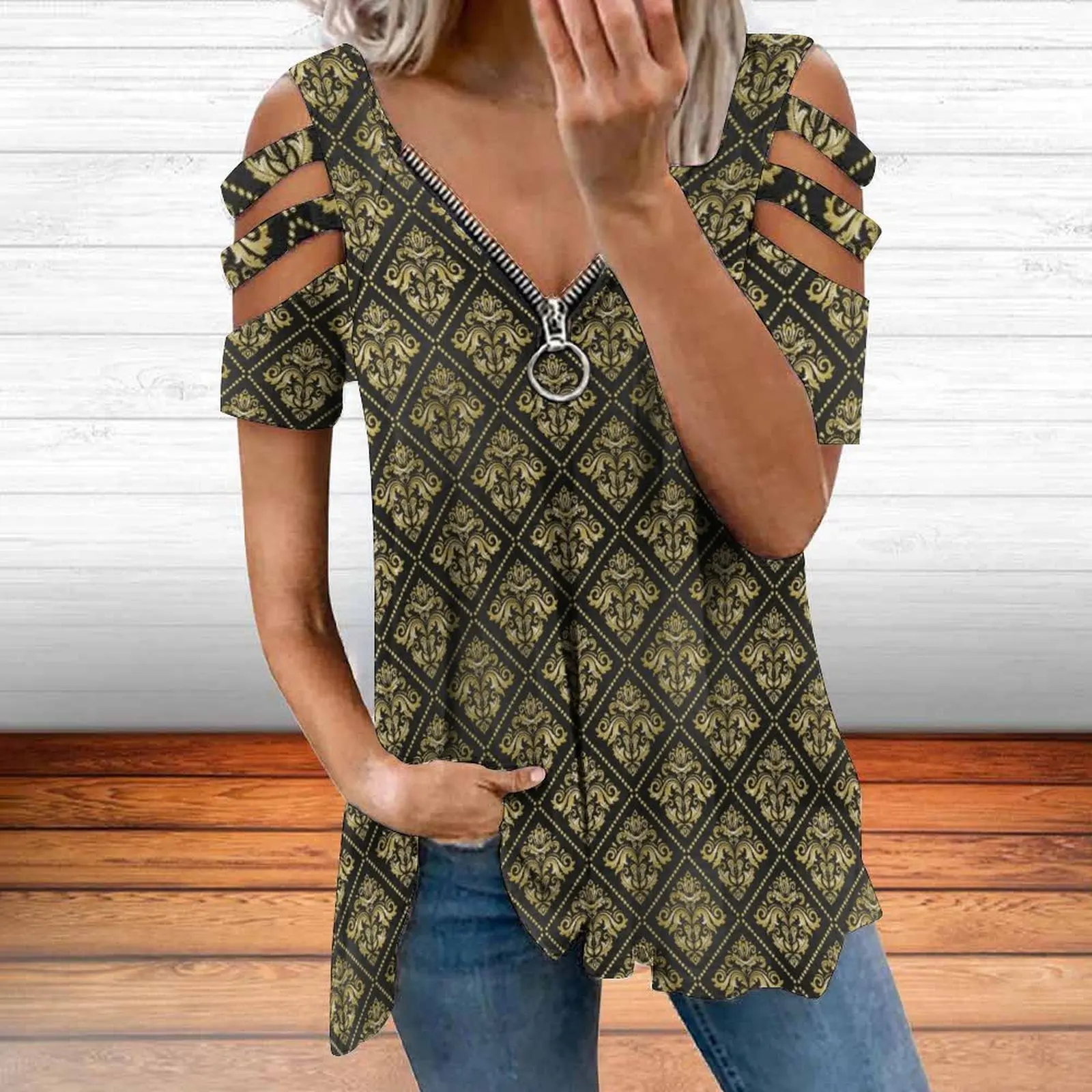 

Summer 2022 Women's Sport V-neck zipper off-the-shoulder Fashion casual women's T-shirt aesthetic women's short sleeve trend