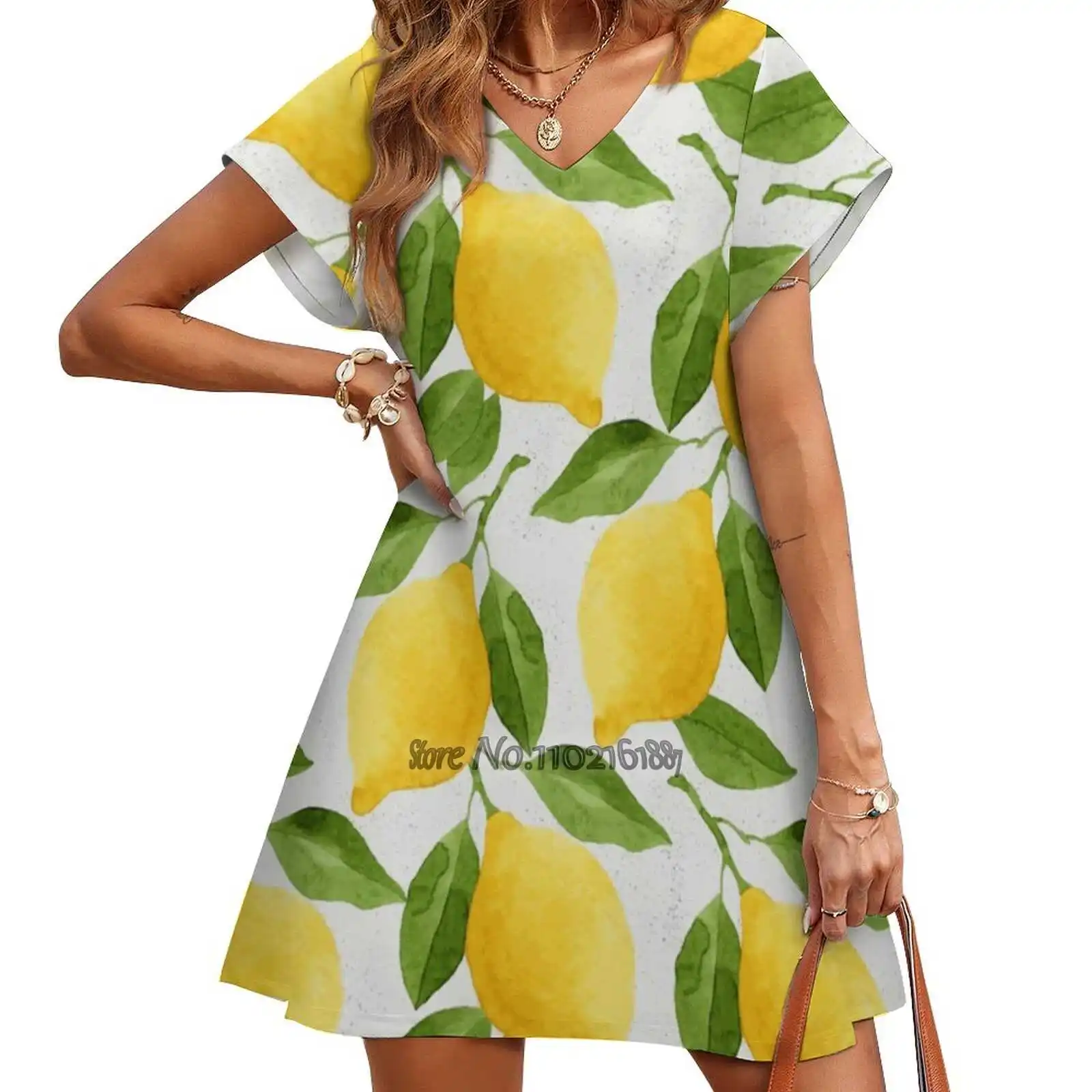 

Watercolor Lemon Pattern Design Print Dress Short Sleeve V-Neck Fashion Skirt Thin Short Sleeve Skirts Watercolor Citrus Fruit