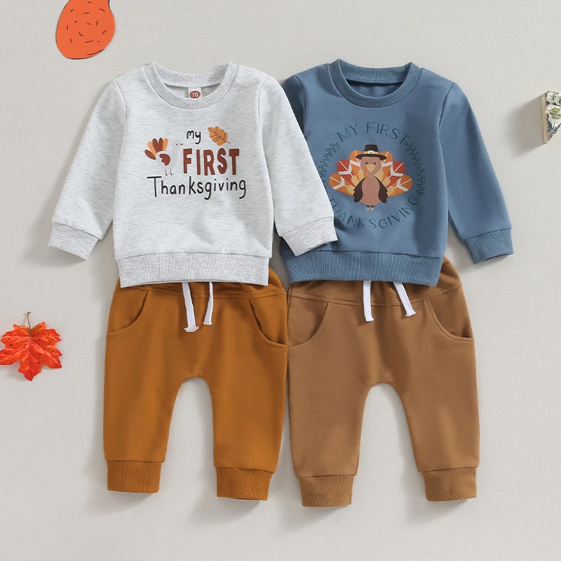 

Baby Boys Thanksgiving Outfits Newborn Infant Long Sleeve Letter Turkey Print Sweatshirt Tops and Drawstring Pants Sets 0-18M