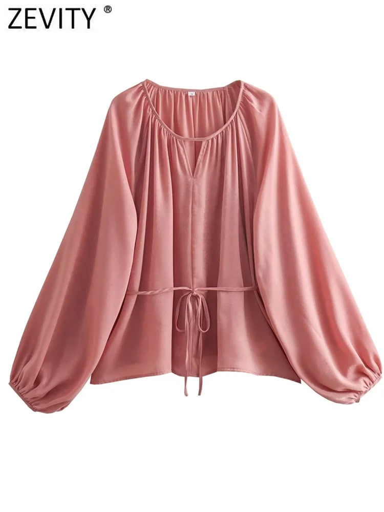 

Zevity Women Sweet Lantern Sleeve Pink Color Loose Smock Blouse Female O Neck Lace Up Casual OL Shirt Blusas Chic Tops LS5497