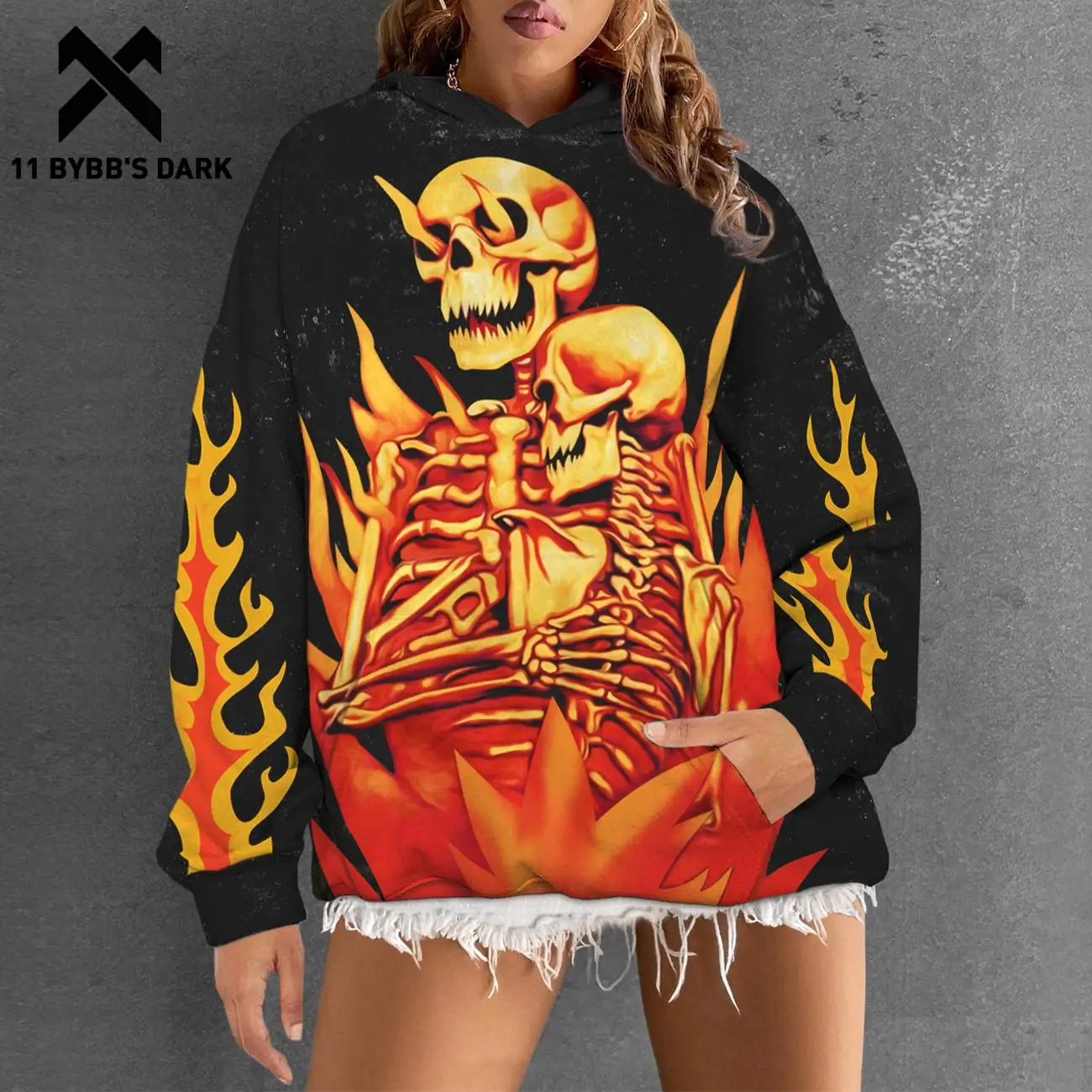 

11 BYBB'S DARK Autumn Warm Hoodies Sweatshirts Halloween Skeleton Print Hoodies Loose Casual Mens Streetwear High Street Hoodies