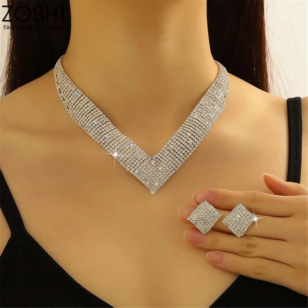 

Luxury Crystal Bridal Wedding Jewelry Sets African Square Silver Color Rhinestone Women Girls Necklace Set Engagement Party Gift