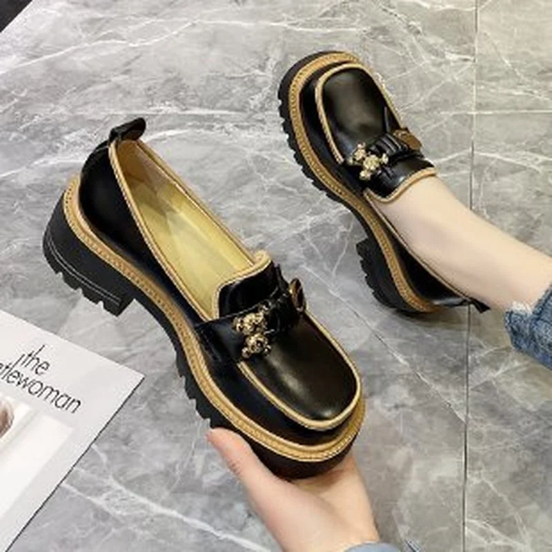 Thick Sole Single Shoes Women Spring Retro Square Toe Shoes Women Fashion Loafer Women Slip-on Shoes British Shoes Female