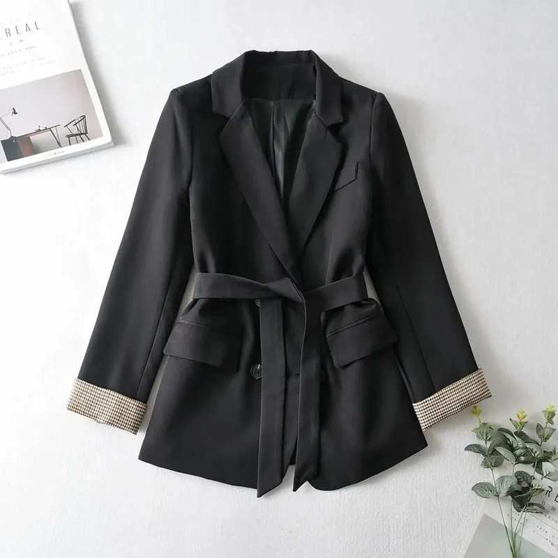 Korean Fashion Black Blazer Suit with Sashes Women Solid Colors Single Breasted Office Blazer 2021 Elegant Casual Commute Coats