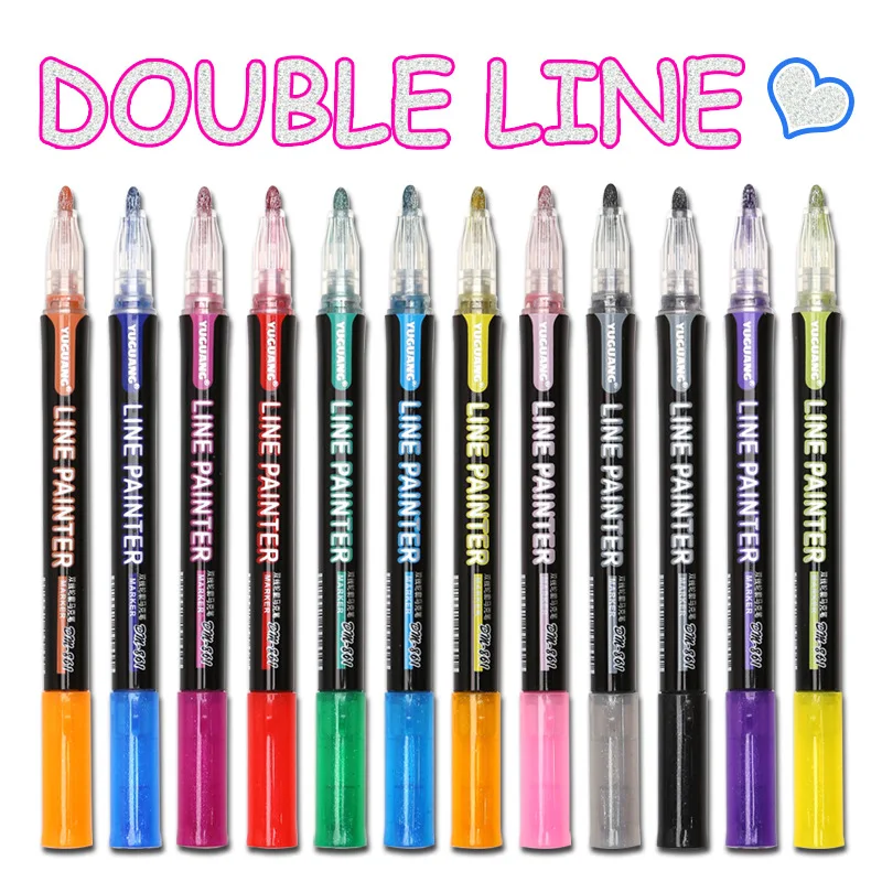 Doppel Linie Leuchtfarbe Marker Glitter Marker Stift 8/12 Farben Whiteborad Runde Kappe Stift Hand Konto Stift Umriss