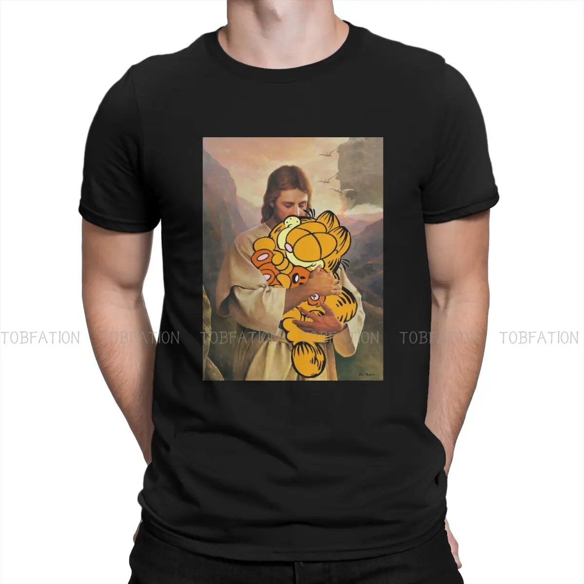 

GarfieldCat Jesus Holding T Shirt Fashion Men's Tees Summer 100% Cotton Clothing Crewneck TShirt