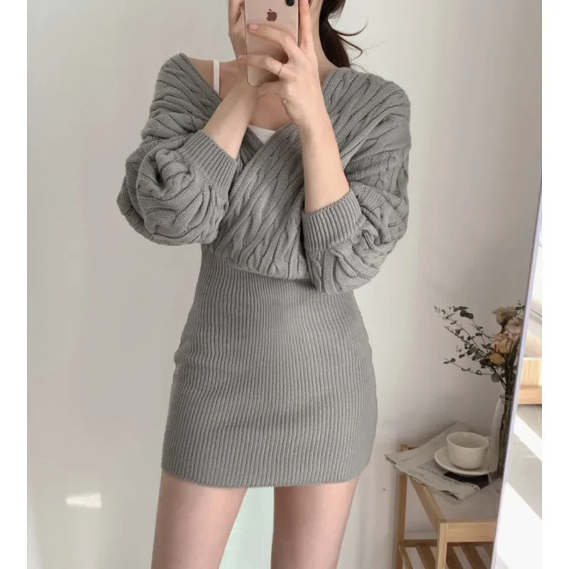 Элегантное вязаное платье с v-образным вырезом шикарное осенне-зимнее облегающее