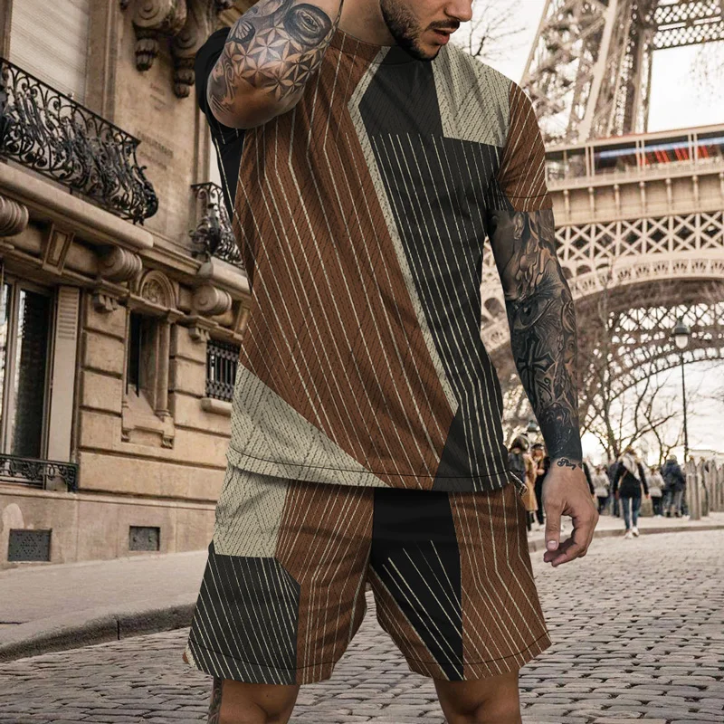 2023 Men's Latest Summer Two-piece Fashion Casual Short-sleeved T-shirt Short Suit Street Clothes Vintage Geometric Pattern Prin