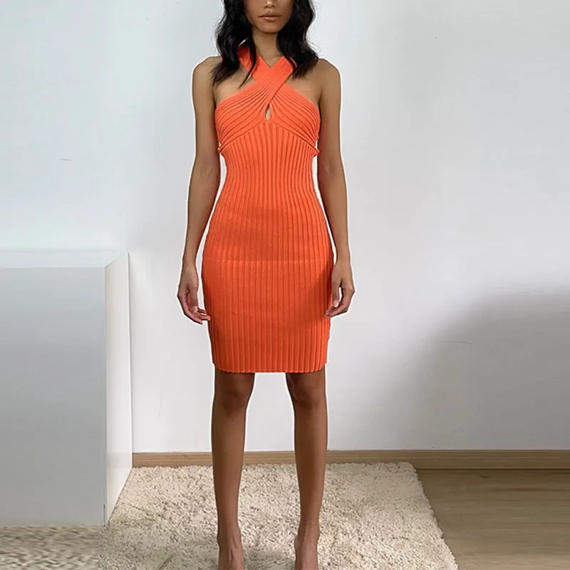 

Chic Cut Out Bodycon Dress Sexy Halter Crochet Dresses Off Shoulder Slim Dress Women Sleeveless Vestido French Elegant Robe Ins