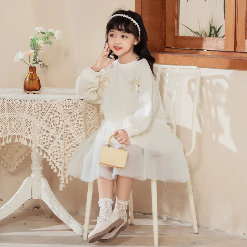 

Милые сетчатые платья в Корейском стиле для девочек 8-10 лет; Свитер с бантом; Вечерние платья принцессы; Коллекция 2022 года; Сезон осень-зима; Детская одежда для девочек