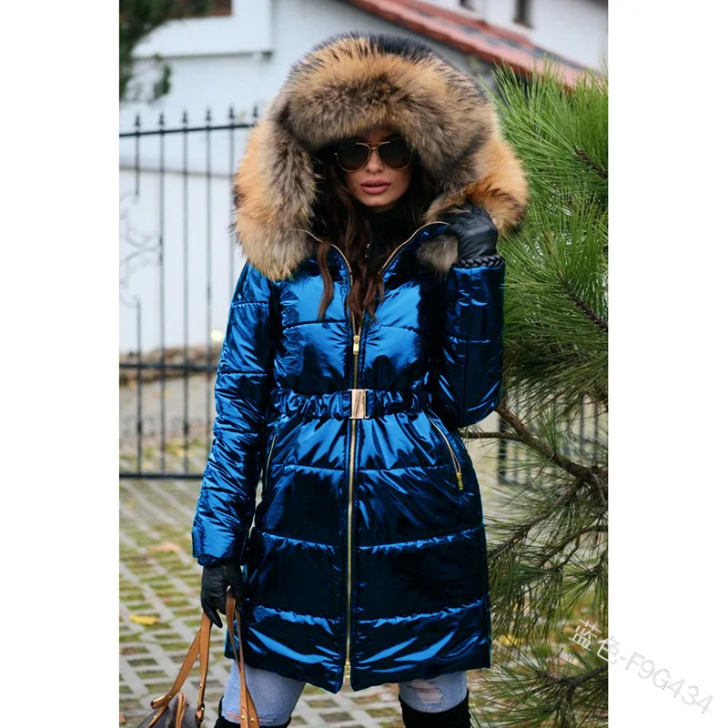 2022 Winter Women's Waist Wrap Mid length Cotton Coat with Large Wool Collar Hooded Bright Face Fashion Warm Coat
