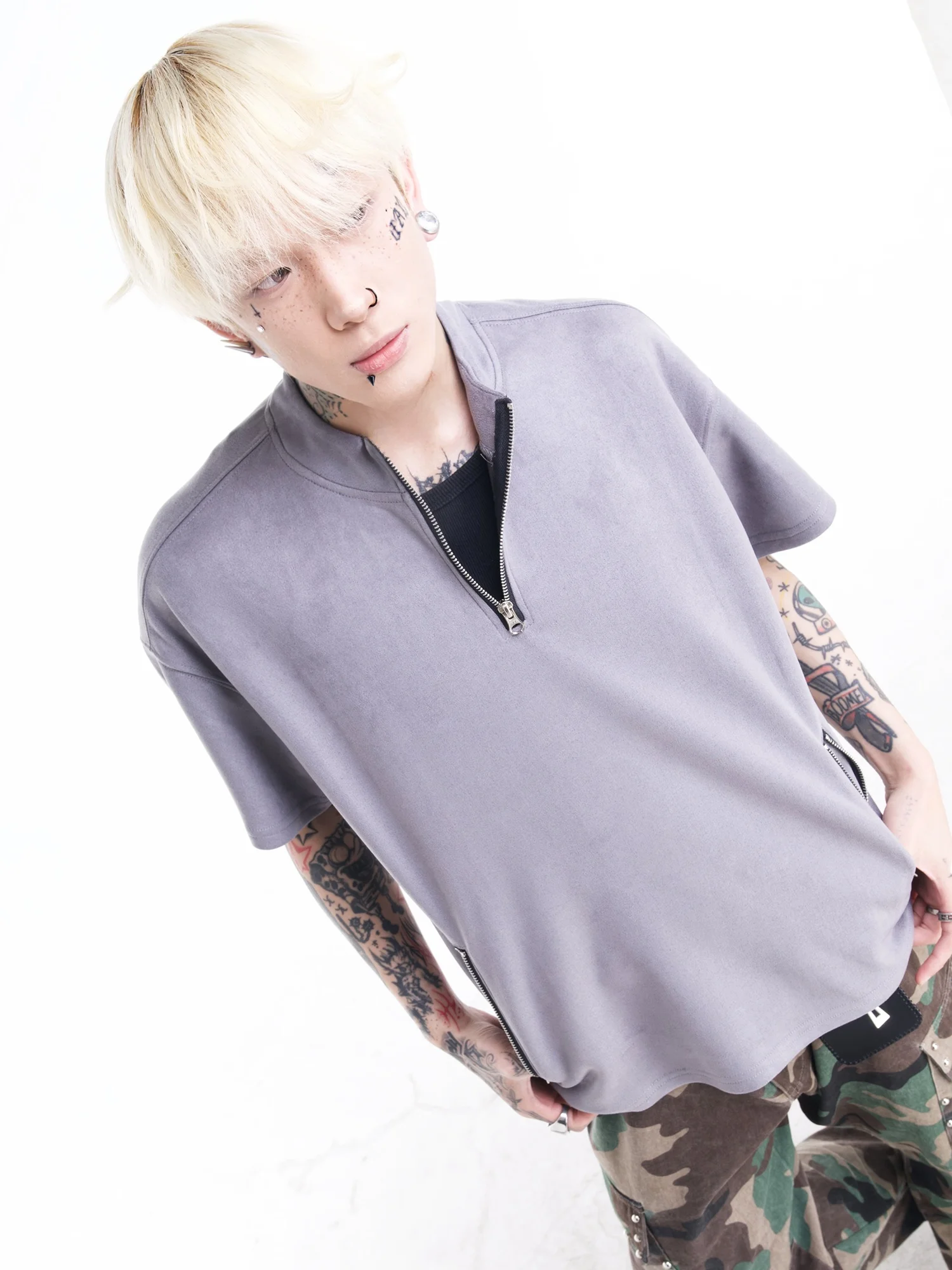 DETW24SS Original Australian Suede Luxury Matte Short Shape Half Zip Unisex Design Sleeve T-Shirt Breathable Yout...