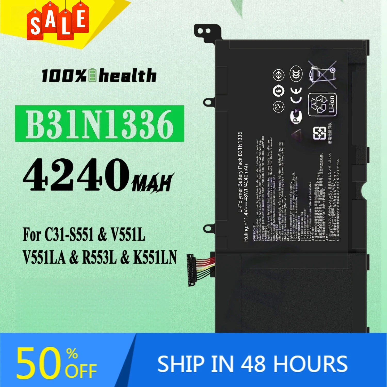 Фото Аккумулятор для ноутбука B31N1336 4240 мАч для ASUS C31-S551 V551L V551LA R553L K551LN, литиевая перезаряжаемая батарея №1