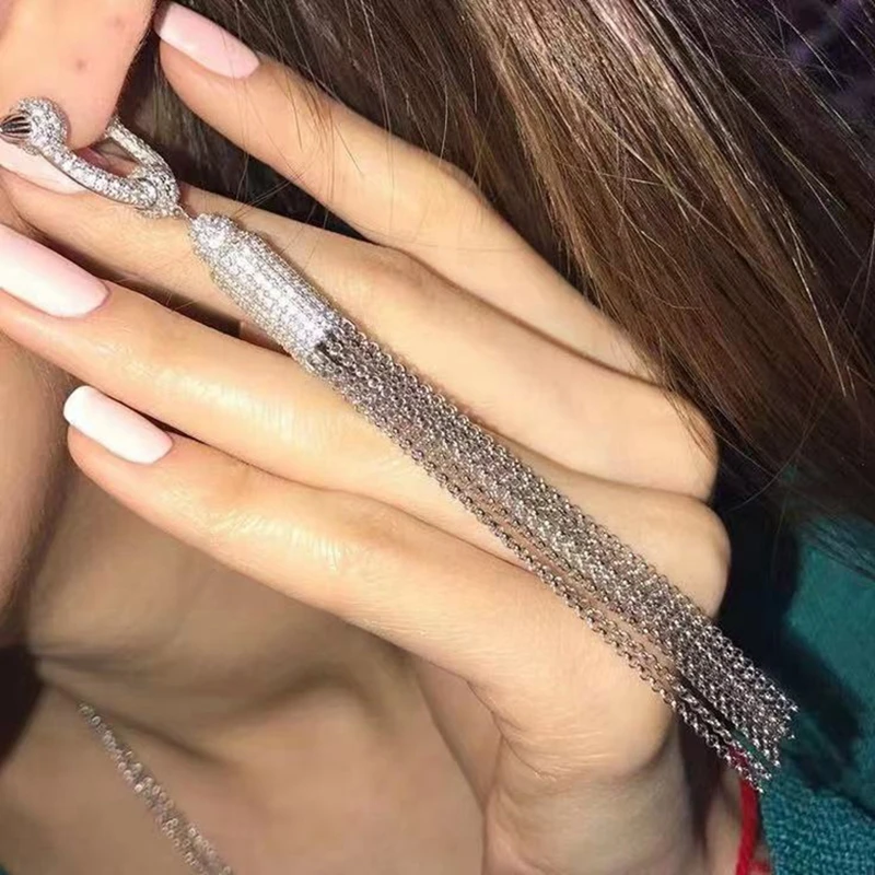 

Роскошные серьги-подвески в виде длинных кисточек из серебра AB с фианитами класса ААА с заклепками, серьги-подвески для женщин, ювелирные из...