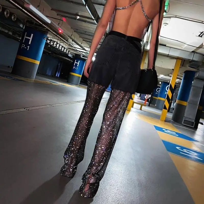 

Women's Fashion Trendy Female Pants Rhinestone Sexy Hollow Out Pants Hollow Straight Leg Trousers Diamant Shiny Jeans S3520