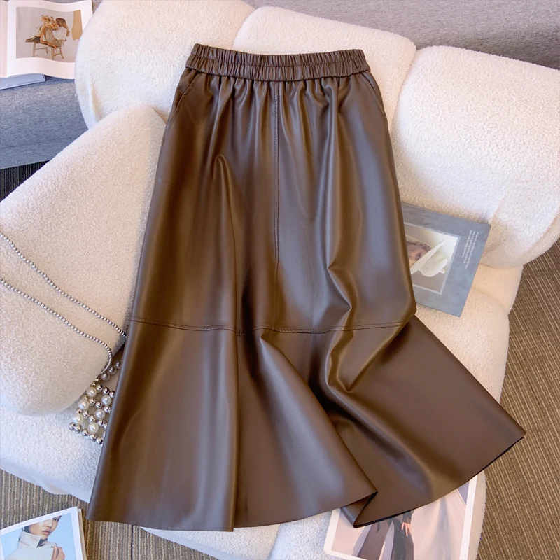 

Женская длинная юбка из искусственной кожи, Элегантная черная юбка с высокой талией на весну, осень и зиму, модная одежда в Корейском стиле Харадзюку, 2024