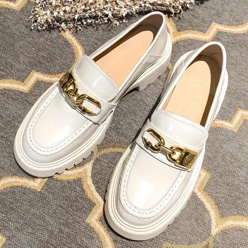

Shoes For Women Women Genuine Leather Platform Flats Loafers Shoes Pumps Round Toe Metal Chain Slip On Casual Ladies Loafers