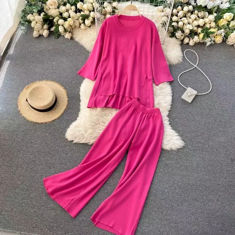 Elegant Women Purple Pant Sets 2022 Spring Fall Solid Short Sleeve Top Pleated Knitting Wide-Leg Pants 2 Piece Set Female Outfit