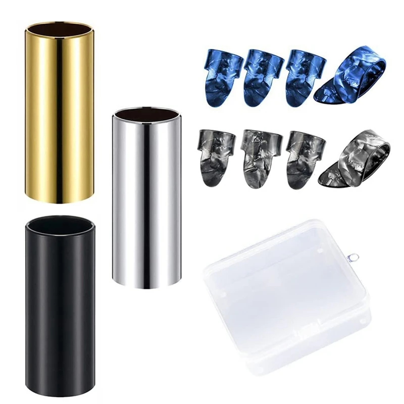 

3 Pieces Guitar Slides Guitar Tone Bar Kits (Include 3 Colors Stainless Steel) 8 Pieces Thumb & Finger Picks