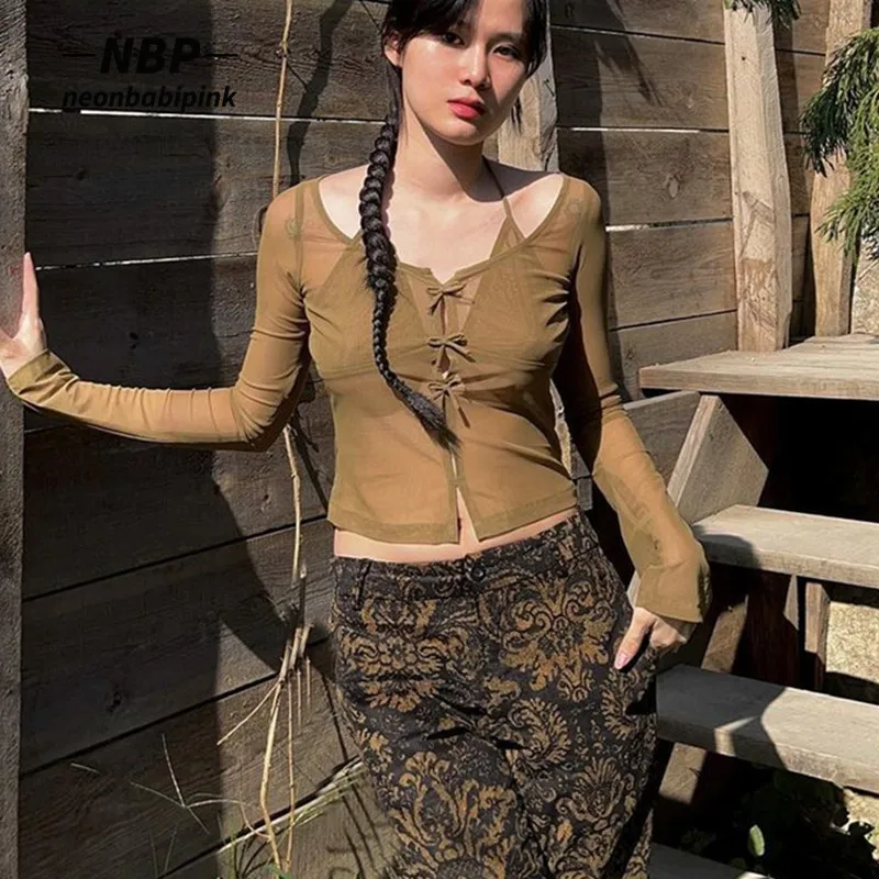 

NEONBABIPINK Fairy Grunge Green Sheer Mesh Alt Crop Top Bow Tie Long Sleeve T Shirts Y2k Aestethic Hippie Clothes N33-BI13