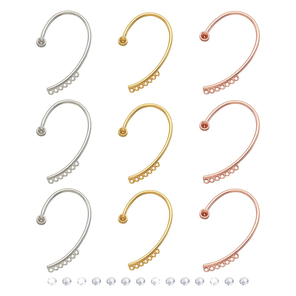 12 Pairs Alloy Cuff Earring Rhinestone Settings with Cubic Zirconia Cabochons Loop for DIY Climber Wrap Around Earring Making