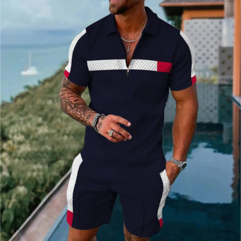 Men's Polo Shirt Tracksuit 2 Piece Set Summer 3D Print Zipper Polo Short Sleeve Shorts Outfit Fashion Sportswear Clothes Sets