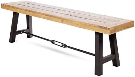 

Outdoor Acacia Wood Bench with Metal Accents, Teak Finish / Rustic Metal 14. 50 x 63 x 17. 75 inches