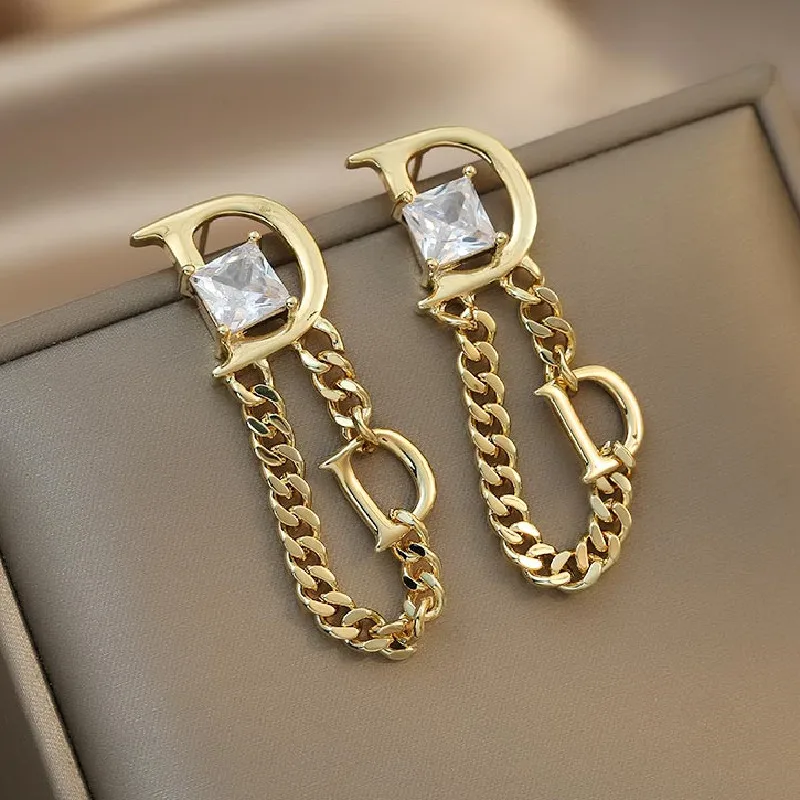 

South Korea New Design Fashion Jewelry Chain Tassel Letter D Square Zircon Earrings Elegant Women's Party Gift Accessories