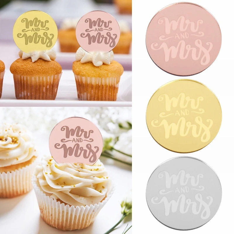 

10pcs Wedding Acrylic Rose Gold Silver Round Cake Topper Mr and Mrs Cupcake Toppers for Marriage Party Dessert Baking Decoration