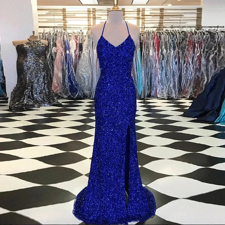 Купи Designer Royal Blue Prom Dresses 2022 Sequins Spaghetti Straps Criss Cross Back Sexy Split Formal Evening Party Gowns 16 17k за 4,399 рублей в магазине AliExpress