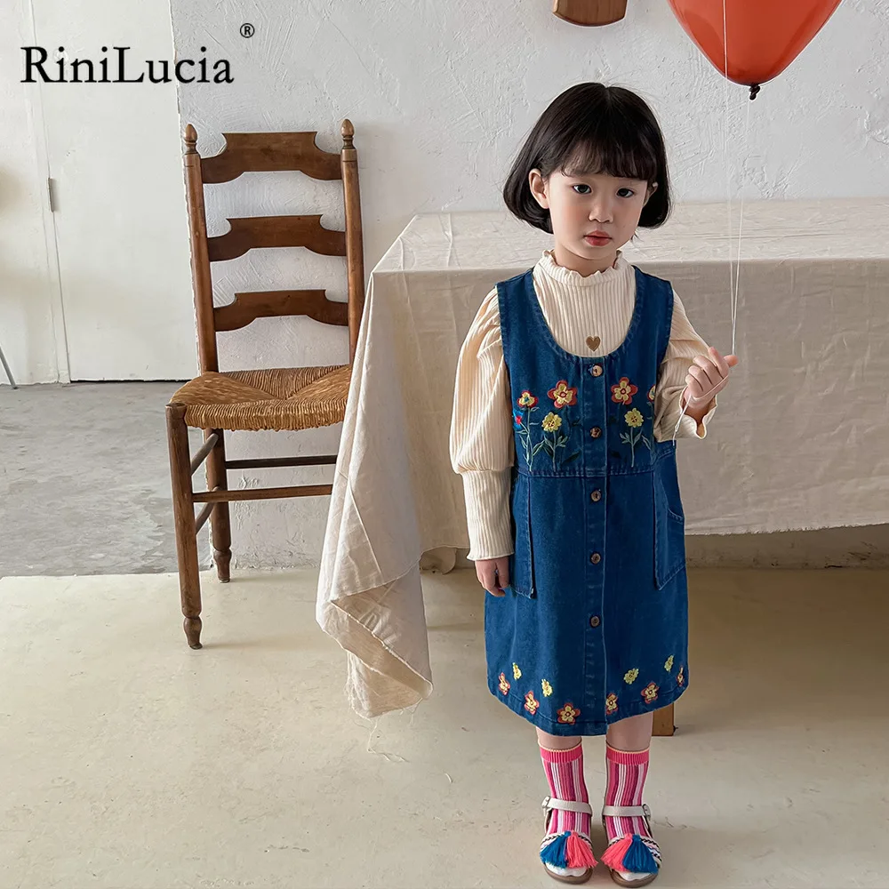 

RiniLucia 2022 Summer Kids Clothing Dresses For Girls Sleeveless Denim Wash Embroidery Strap Dress Princess Dress For Girls
